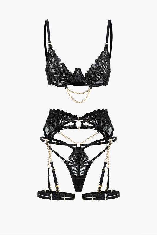 Nakışlı Zincir Detaylı Kesik İç Giyim Garter Seti