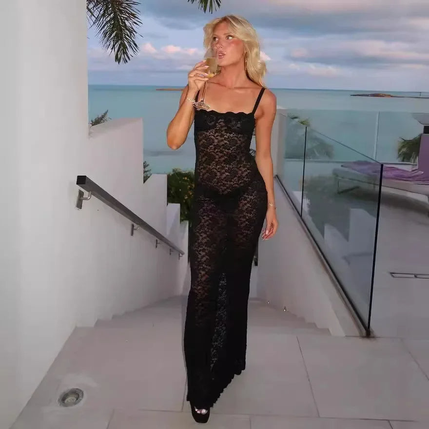 Çiçekli Dantel Bodycon Uzun Elbise