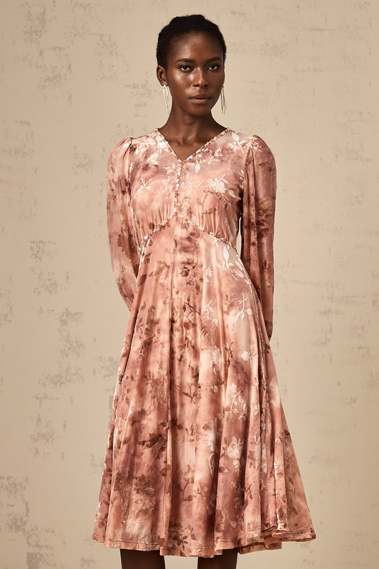 Maddalena Çiçek Desenli Süslenmiş Kadife Midi Elbise