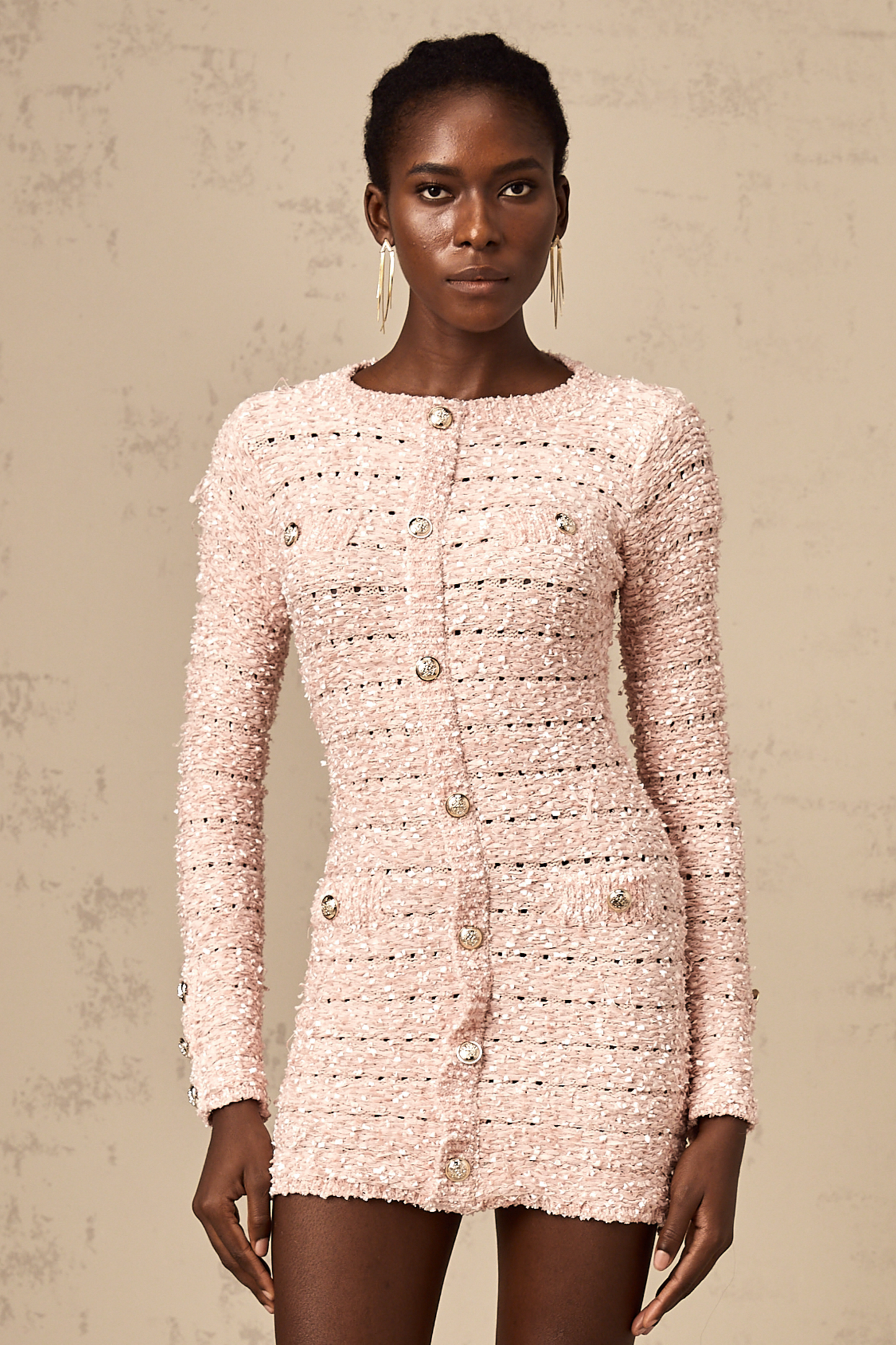 Khady Pembe Bedene Oturan Örgü Mini Elbise