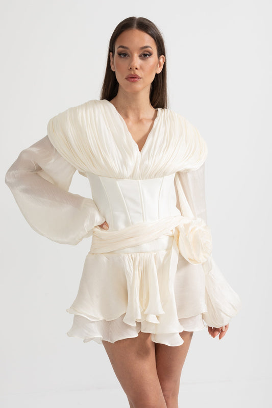 Korse Stili Gövdeli, Fırfır Etekli ve Kabarık Kollu Elbise