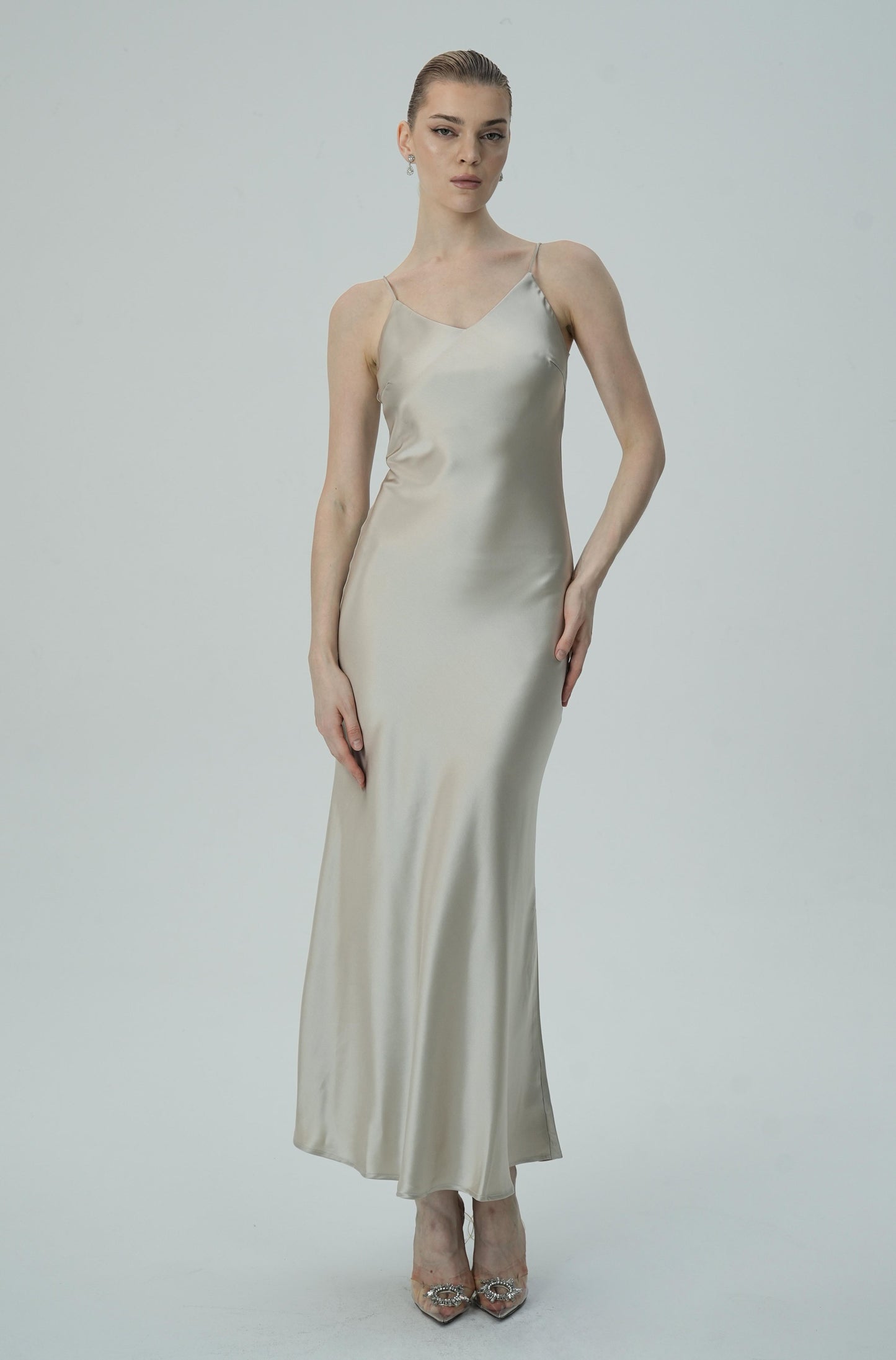 Bej Askılı Saten Slip Elbise