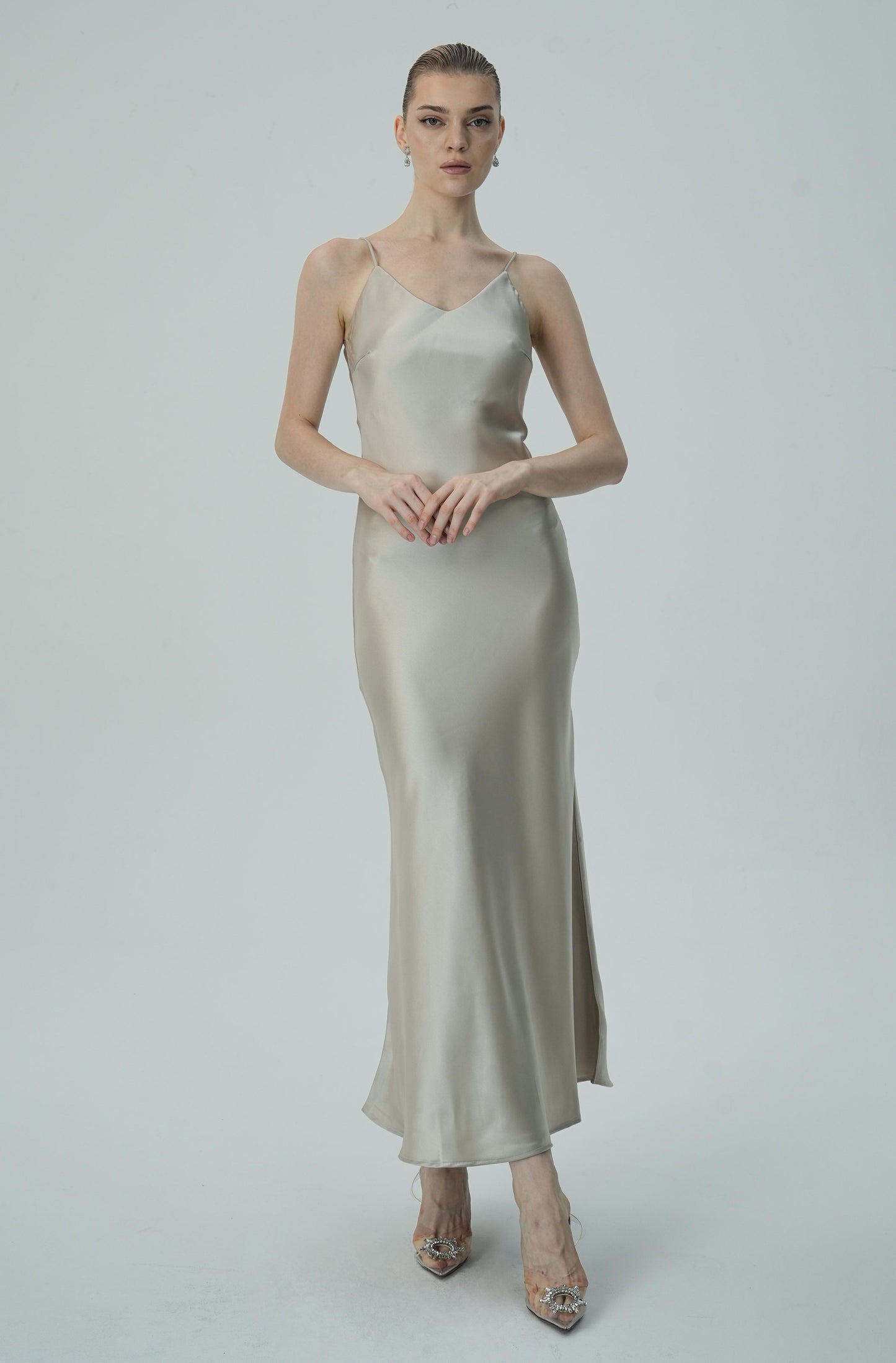 Bej Askılı Saten Slip Elbise