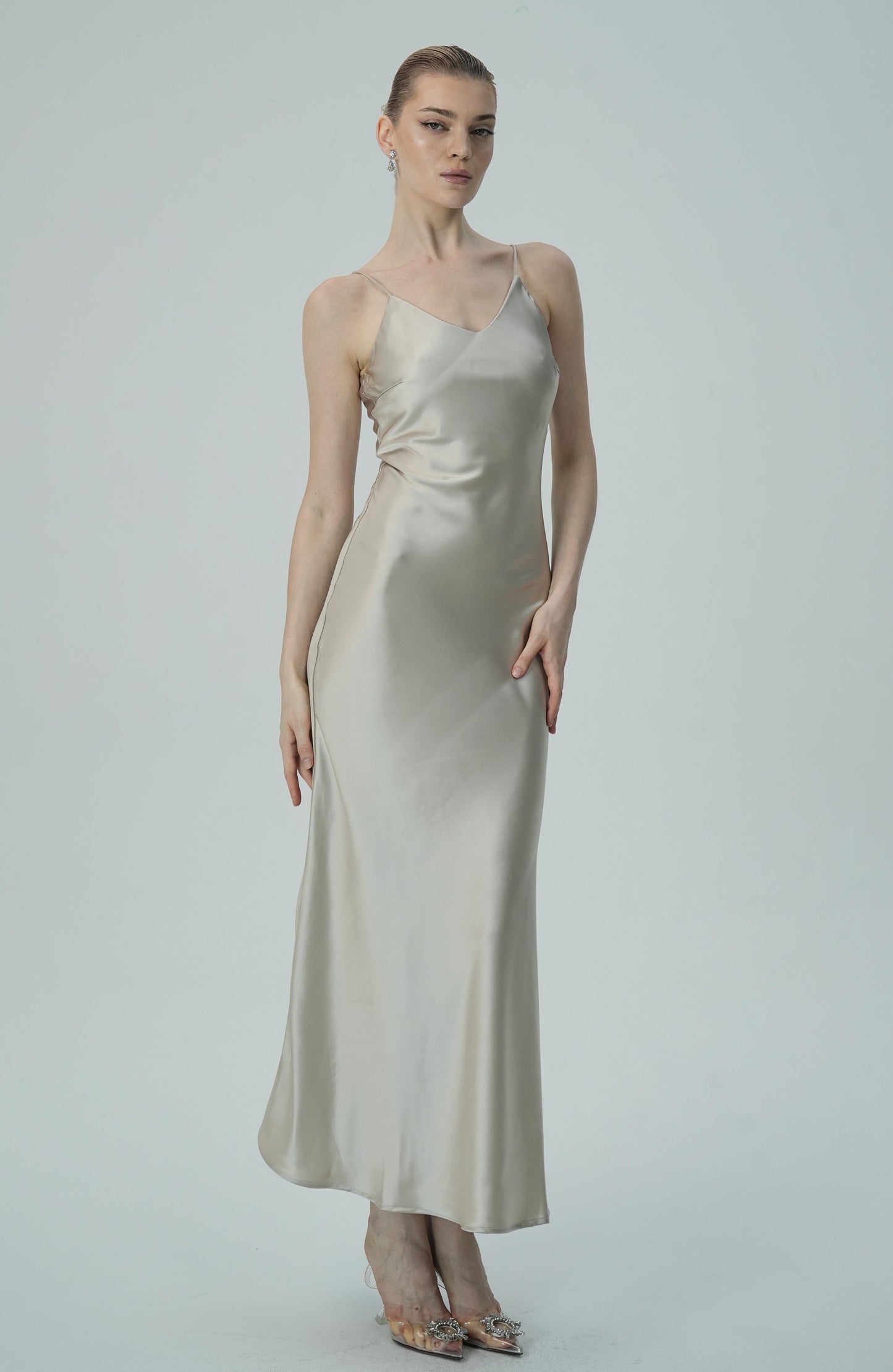 Bej Askılı Saten Slip Elbise