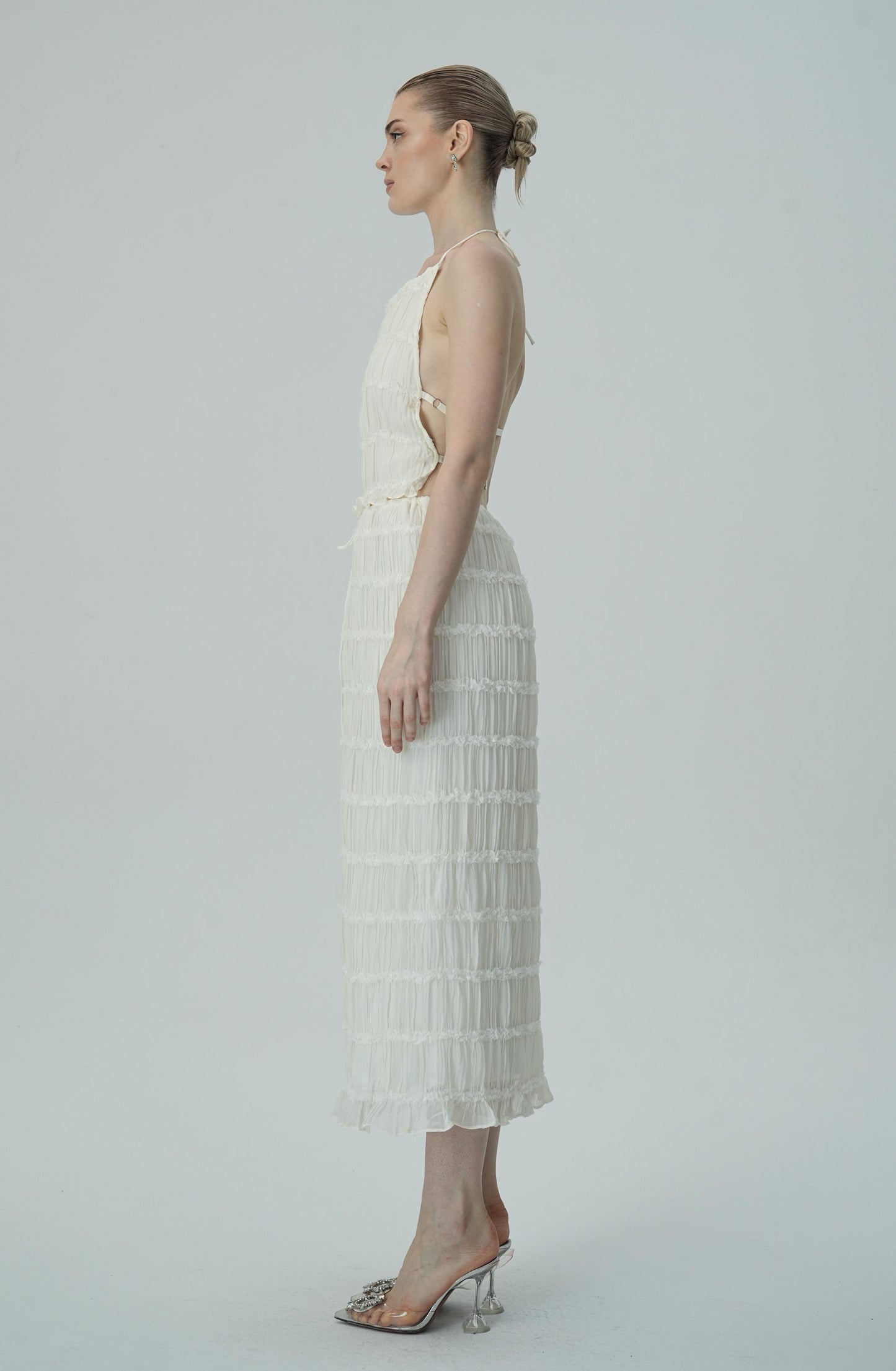 Narin Fildişi Katmanlı Halter Midi Elbise