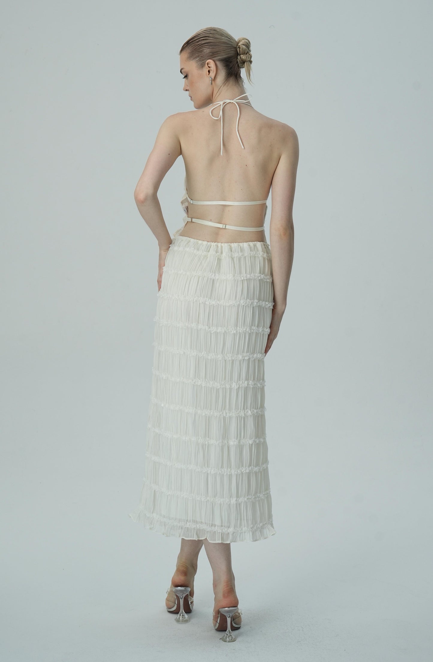 Narin Fildişi Katmanlı Halter Midi Elbise