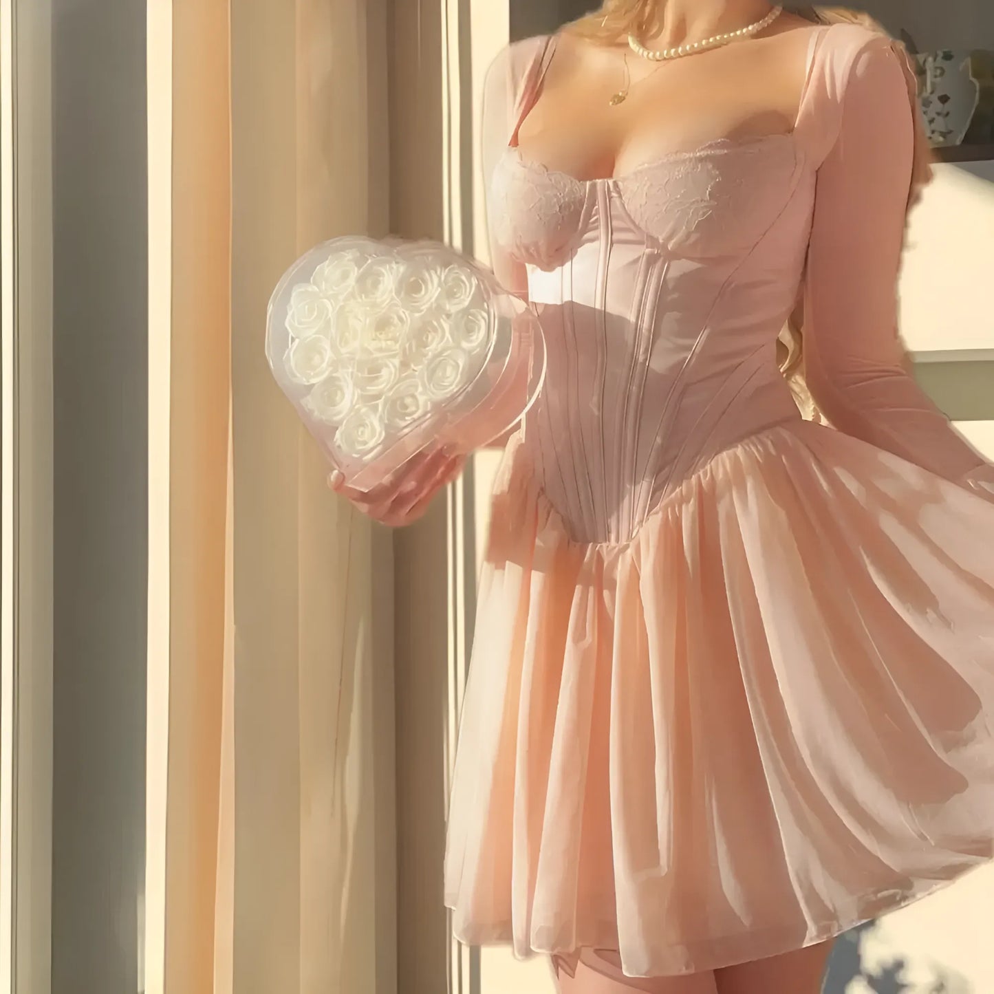 Pinky Uzun Kollu Korse Detay Elbise