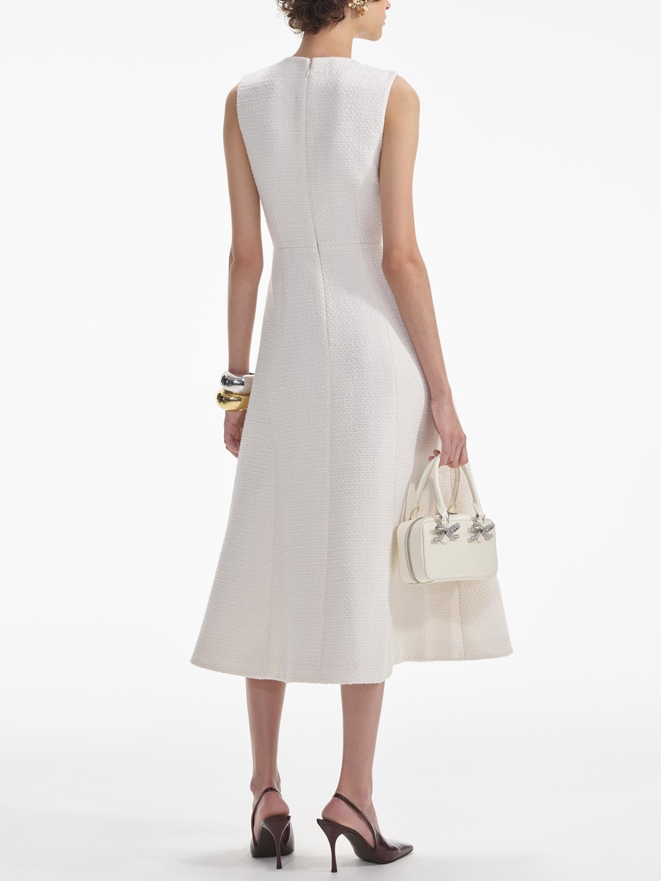 İnci Düğmeli Kolsuz V Yaka Midi Elbise