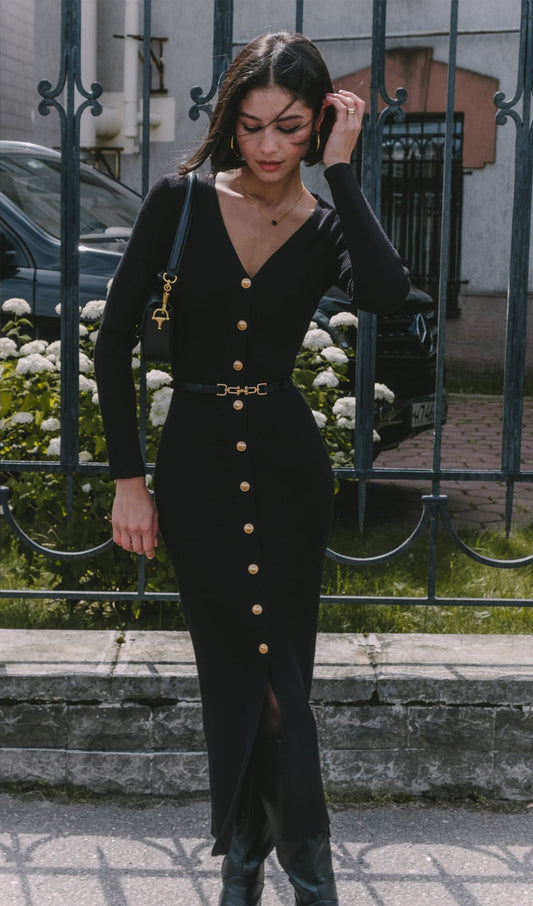 Örme V Yaka  Midi Elbise -Siyah