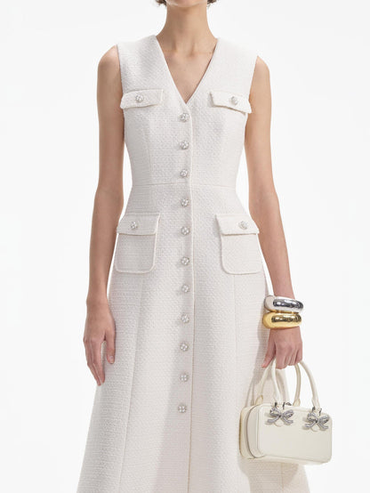 İnci Düğmeli Kolsuz V Yaka Midi Elbise