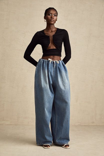 Eulalie Mavi Pilili Alçak Denim Pantolon