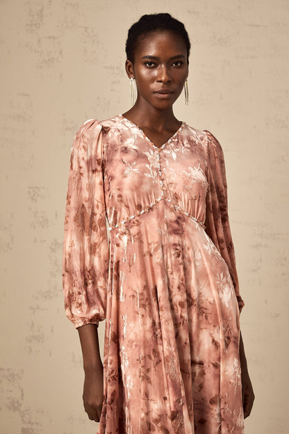 Maddalena Çiçek Desenli Süslenmiş Kadife Midi Elbise