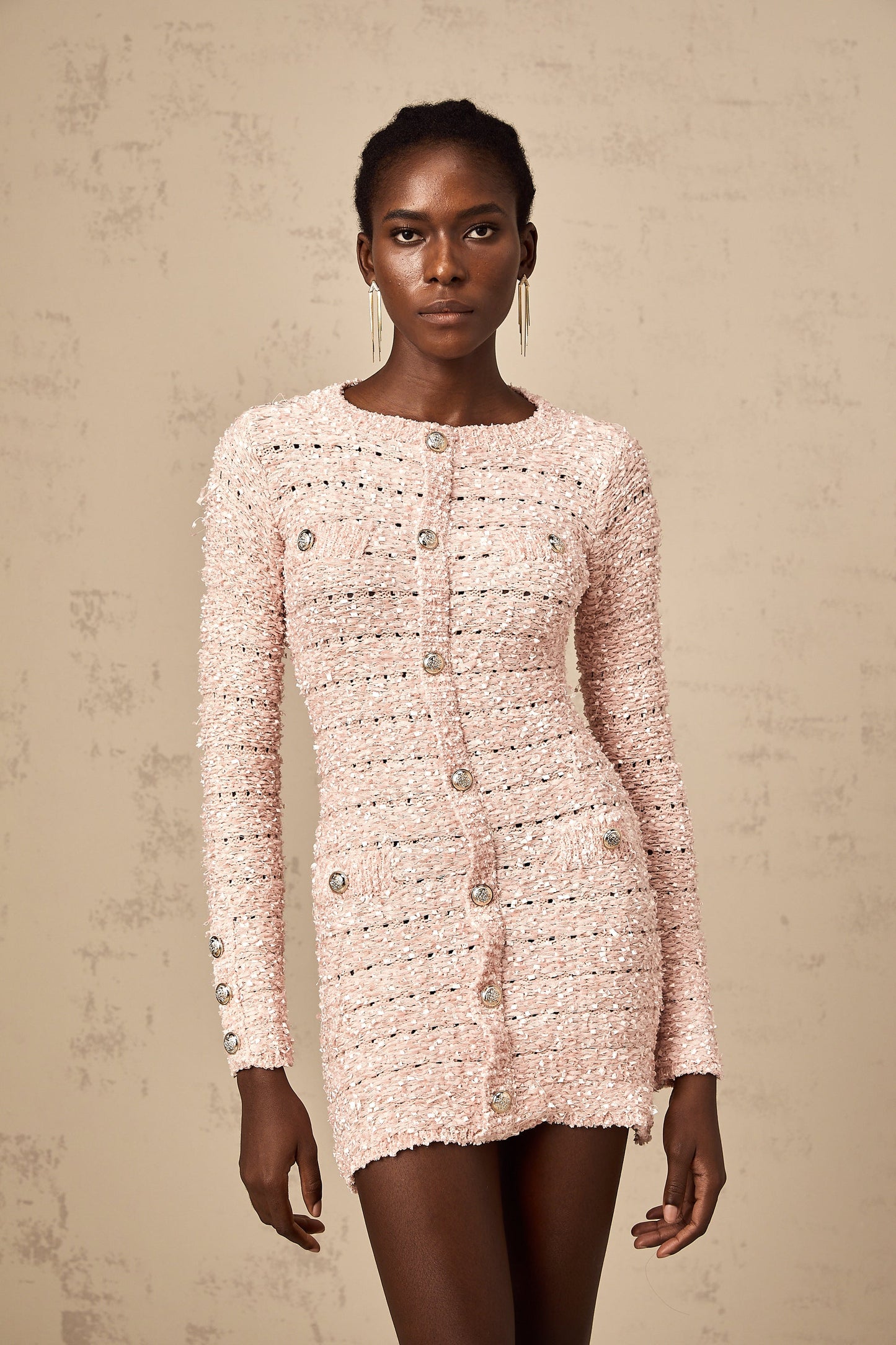 Khady Pembe Bedene Oturan Örgü Mini Elbise