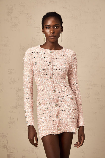 Khady Pembe Bedene Oturan Örgü Mini Elbise