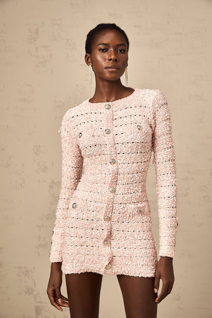 Khady Pembe Bedene Oturan Örgü Mini Elbise