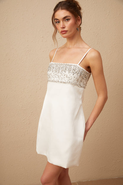Immacolata Beyaz Kristal Süslemeli Mini Elbise