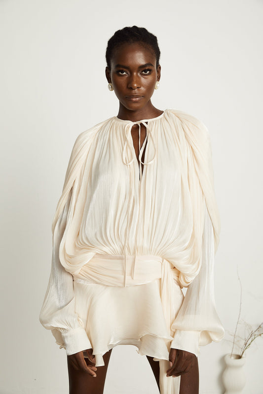 Nötr Pilili Fırfırlı Mini Elbise