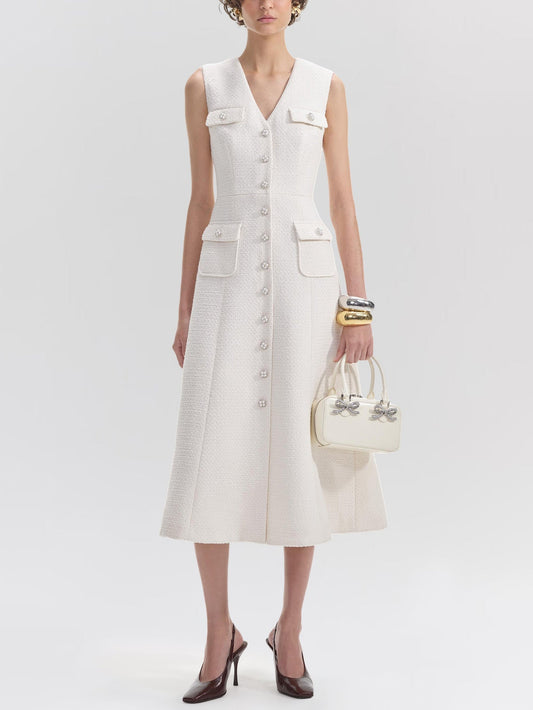 İnci Düğmeli Kolsuz V Yaka Midi Elbise