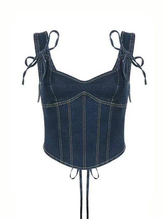 Lena Askılı Kot Korse Crop Bluz