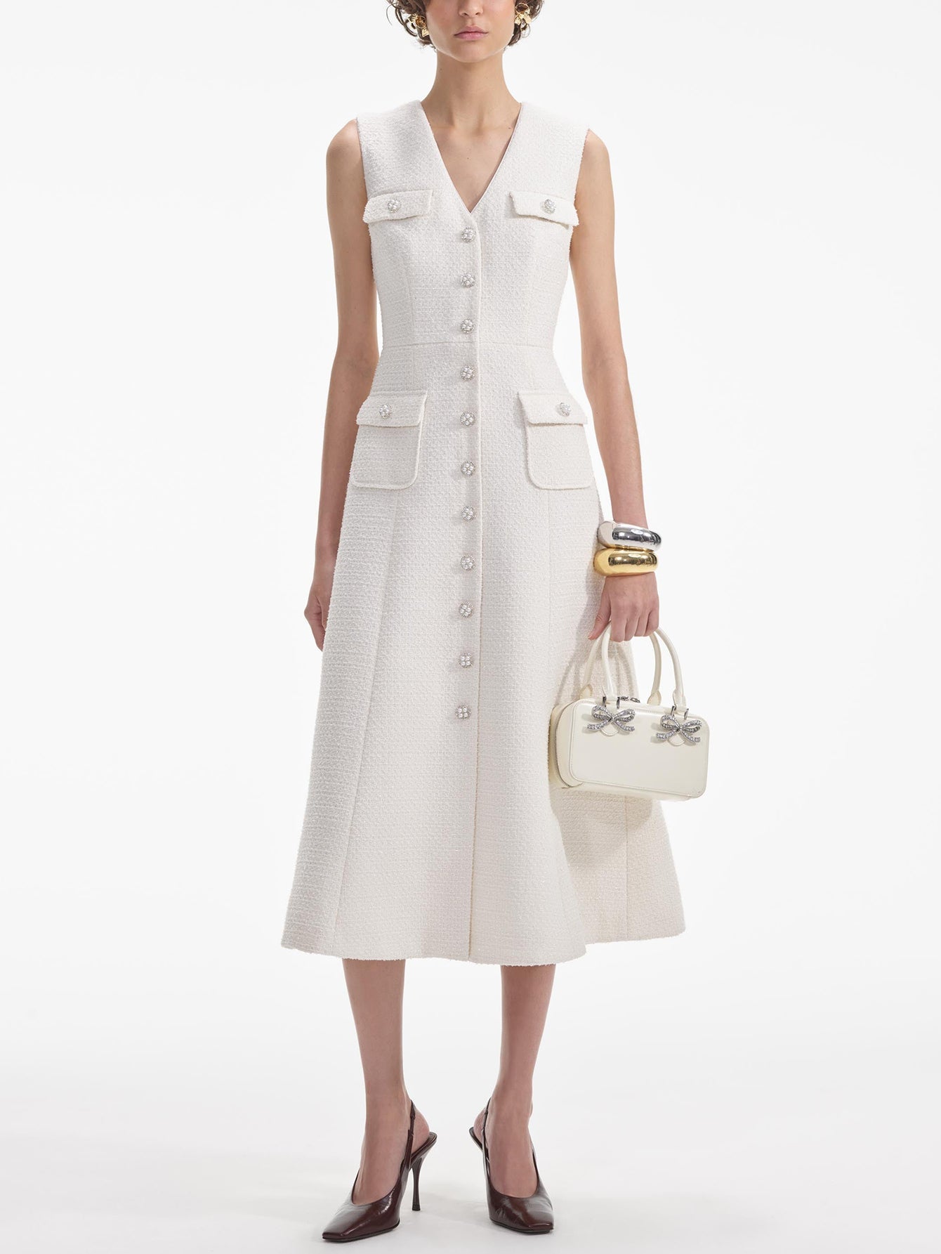 İnci Düğmeli Kolsuz V Yaka Midi Elbise