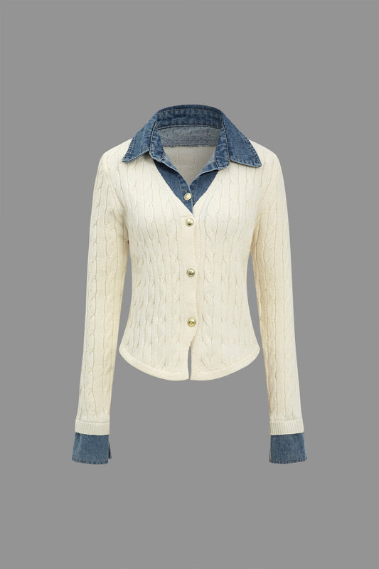 Örgü Denim Gömlek Yaka Uzun Kollu Üst