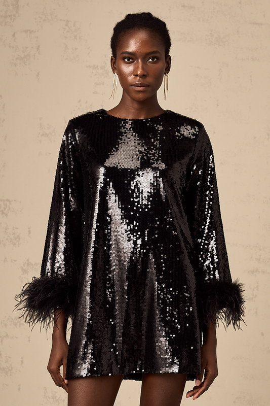 Kina Siyah Tüy Manşetli Pullu Mini Elbise