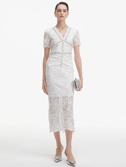 Nakışlı Dantel Midi Elbise