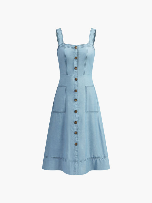 Denim Düğmeli Fermuarlı Cepli Elbise