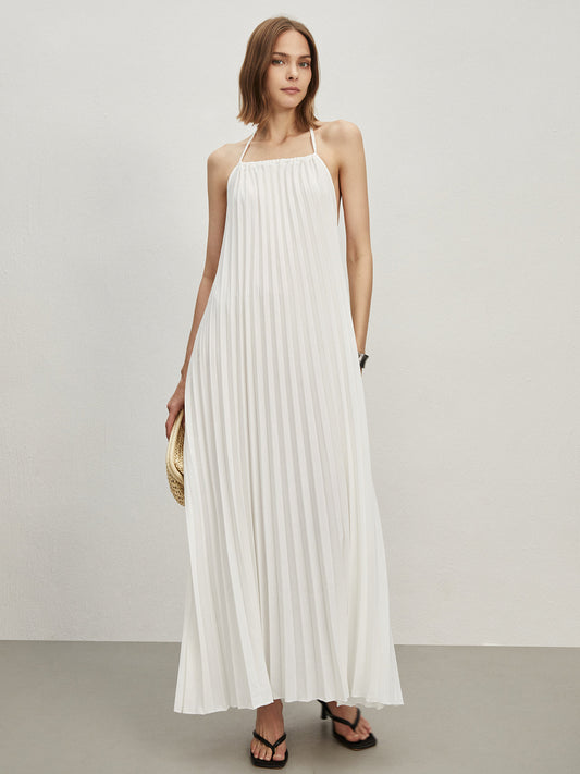 Kravatlı Sırtı Açık Pileli Uzun Elbise