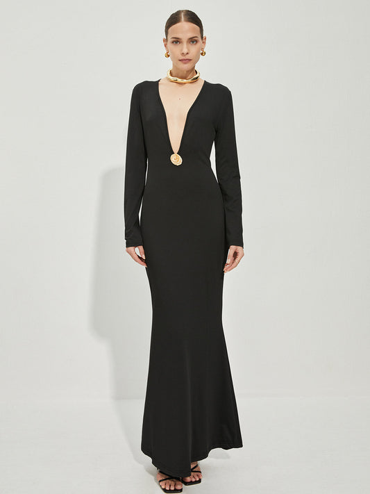 İnce Derin V Yaka Metal Elbise