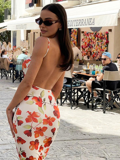 Baskılı Sırtı Açık Cami Uzun Elbise