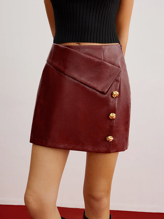 Metal Detaylı PU Deri Fermuarlı Etek