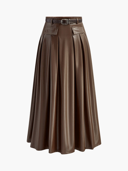 Kemerli Plise Suni Deri Etek