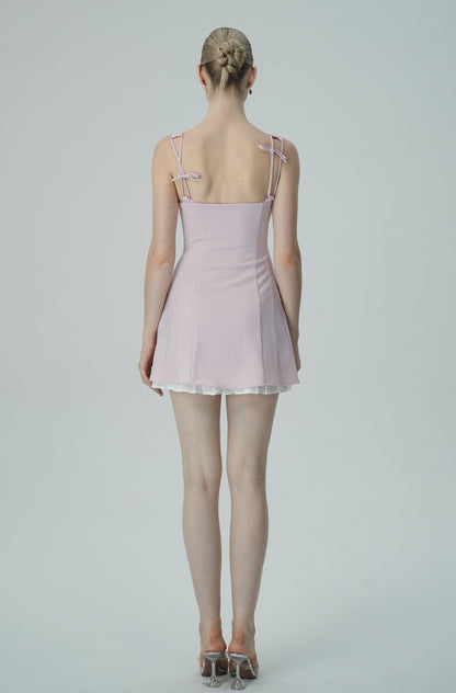 Fiyonk Askılı Yumuşak Pembe Mini Elbise