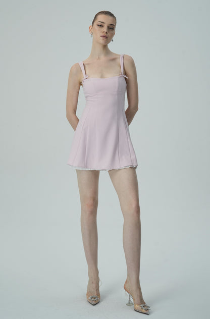 Fiyonk Askılı Yumuşak Pembe Mini Elbise