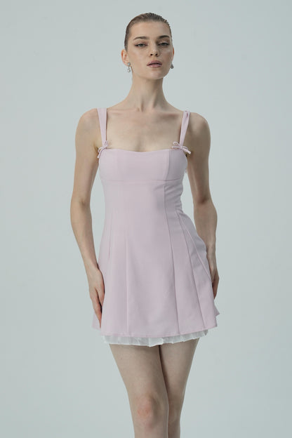 Fiyonk Askılı Yumuşak Pembe Mini Elbise