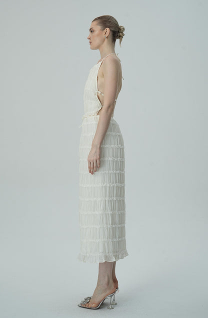 Narin Fildişi Katmanlı Halter Midi Elbise