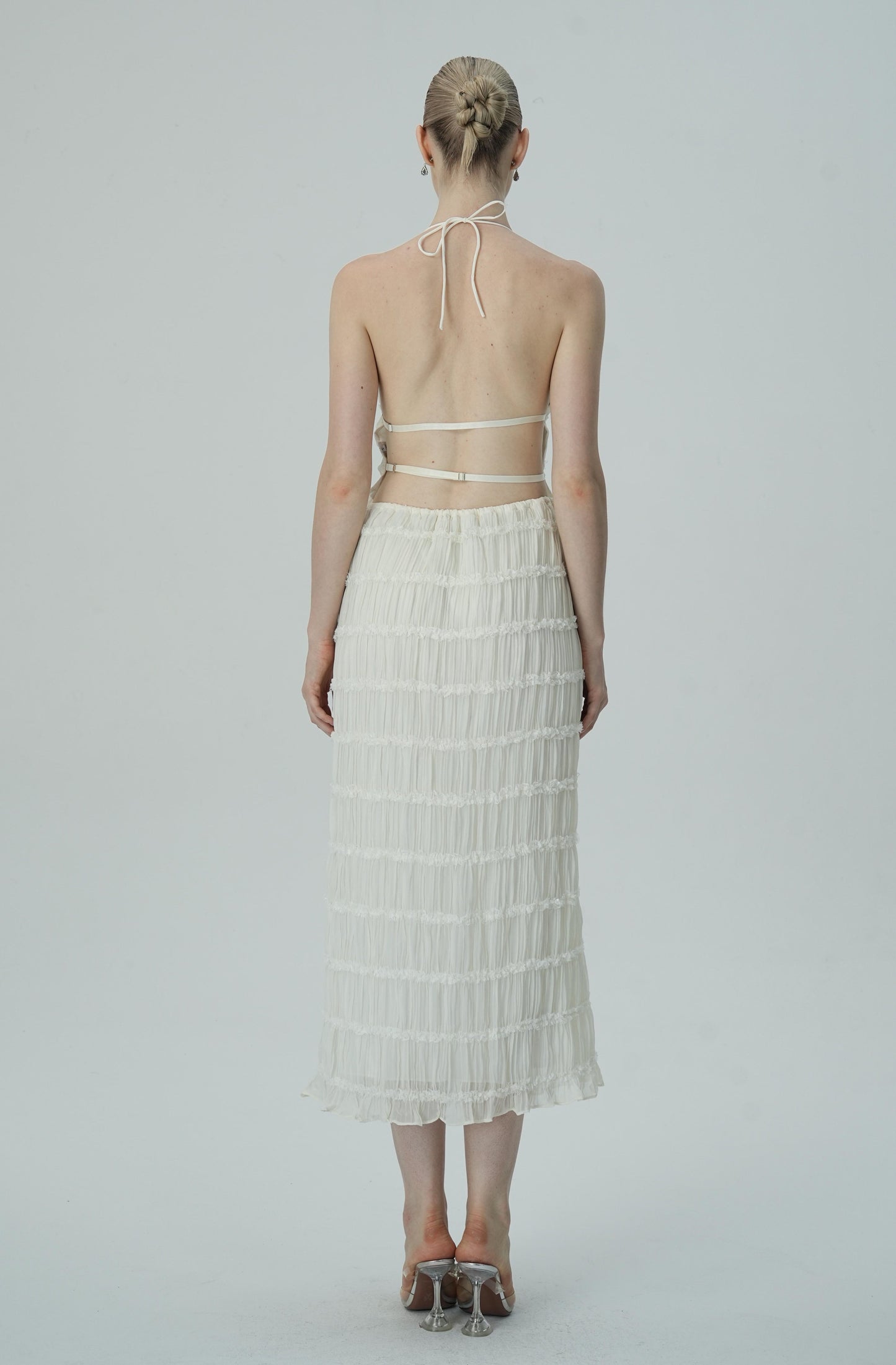 Narin Fildişi Katmanlı Halter Midi Elbise