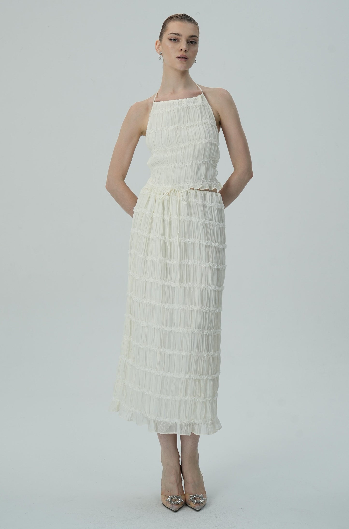 Narin Fildişi Katmanlı Halter Midi Elbise