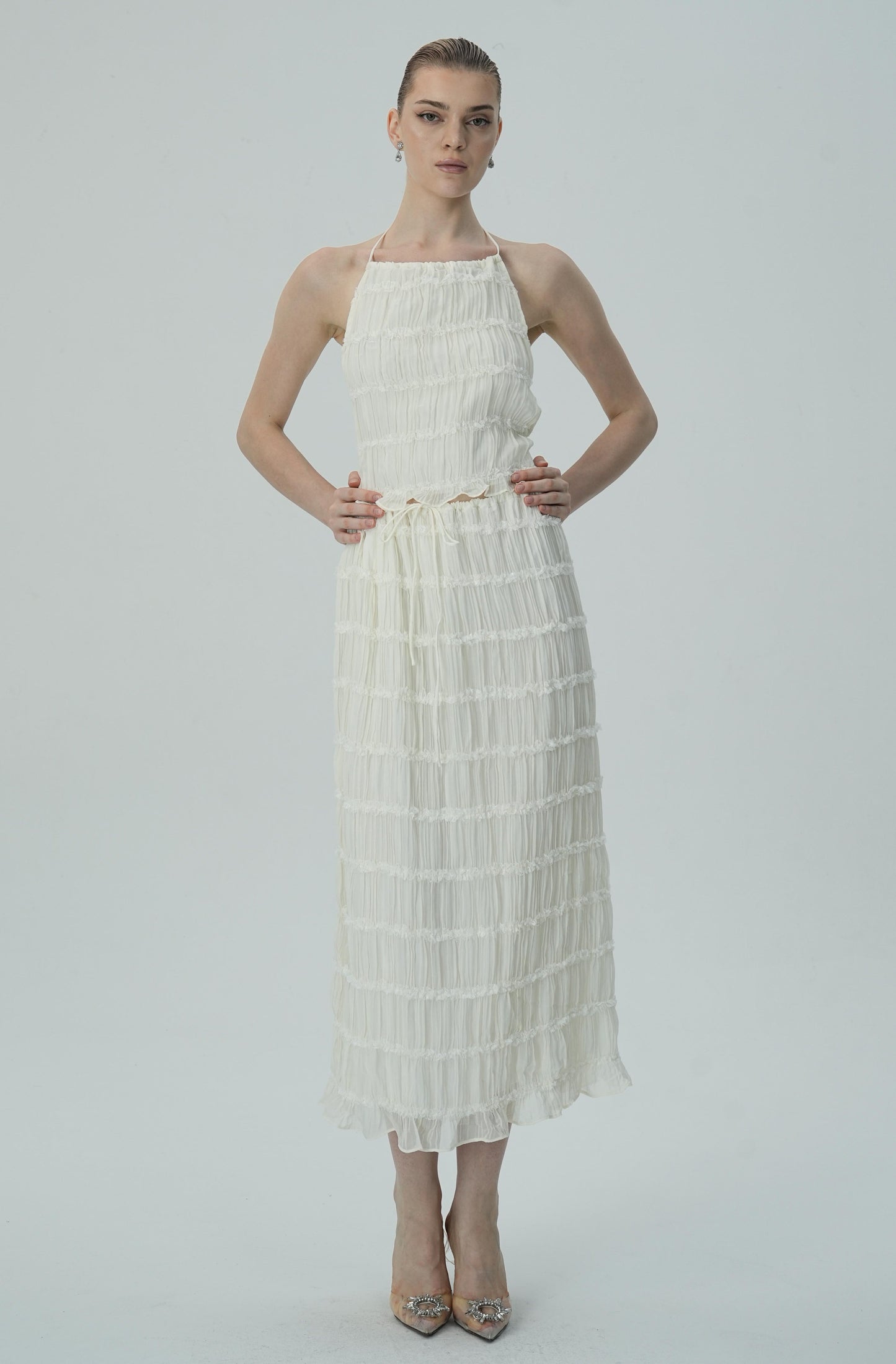 Narin Fildişi Katmanlı Halter Midi Elbise