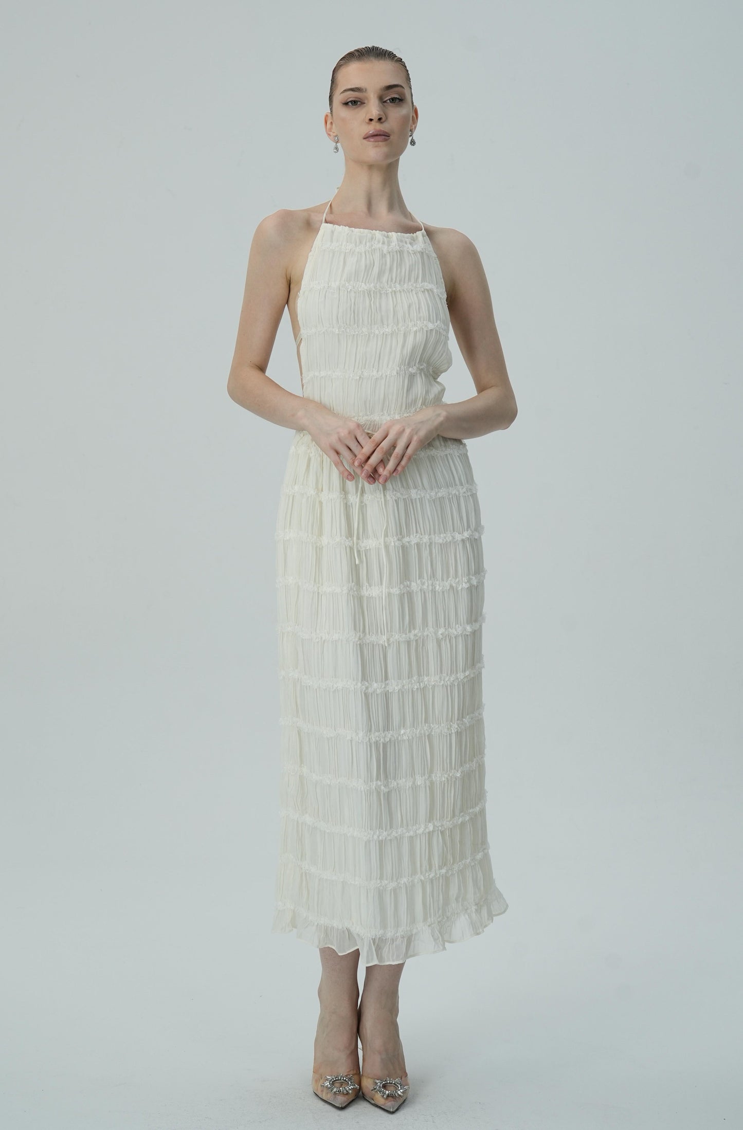 Narin Fildişi Katmanlı Halter Midi Elbise