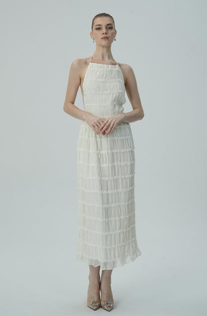 Narin Fildişi Katmanlı Halter Midi Elbise