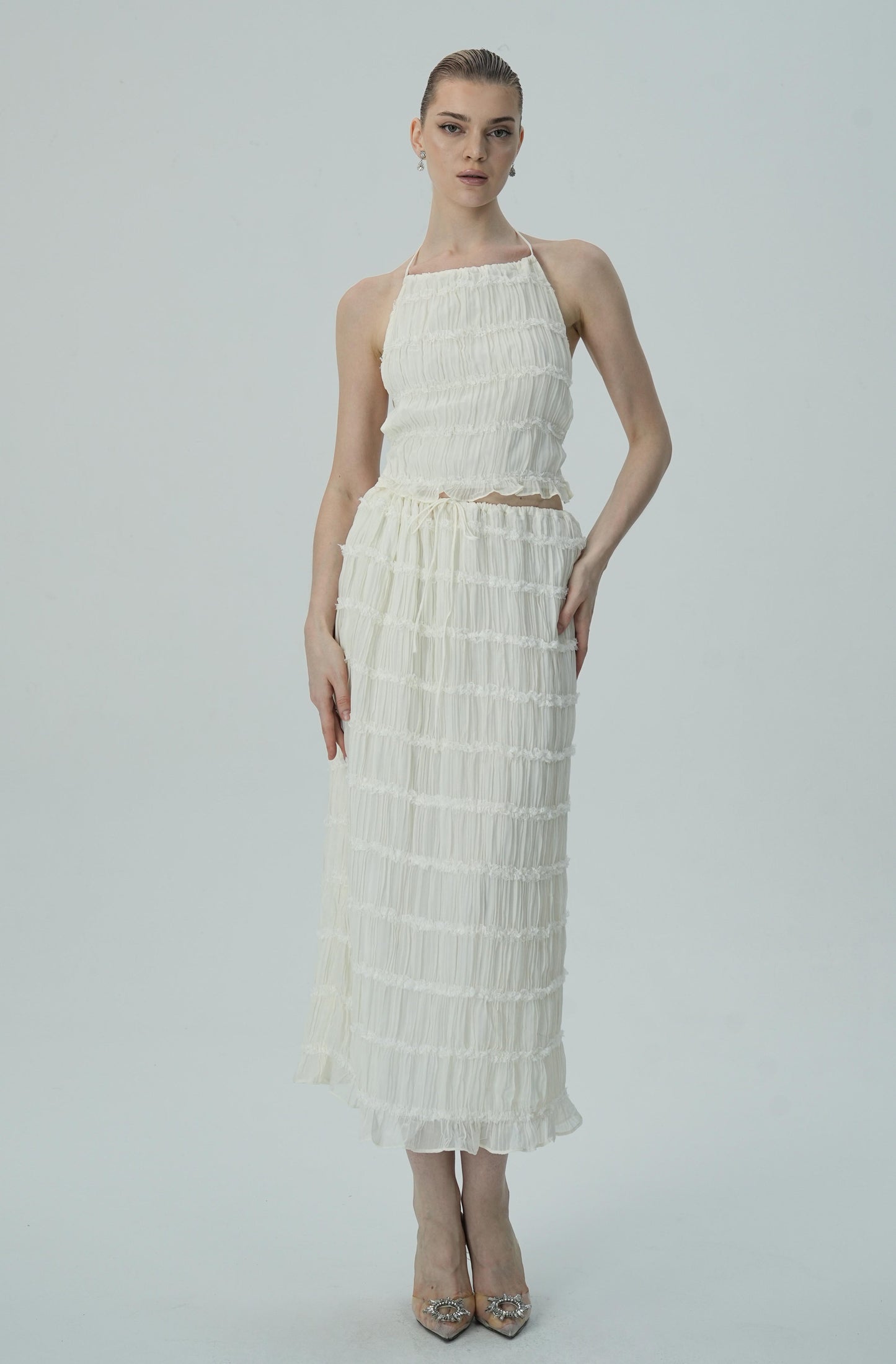 Narin Fildişi Katmanlı Halter Midi Elbise