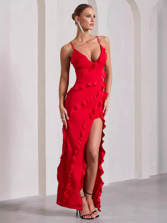 Naadia Fırfırlı Uzun Elbise