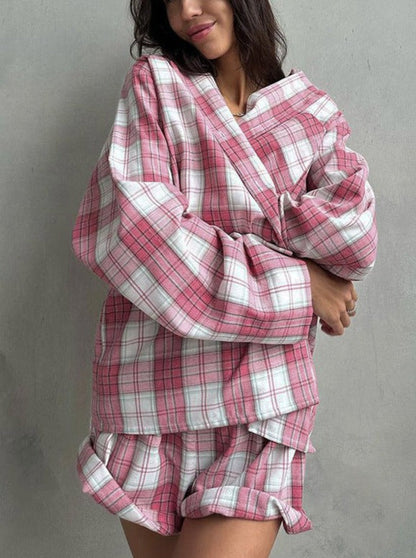 Retro Ekose Oversize Gömlek Şort Takım