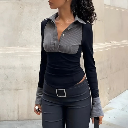 Kontrast Renkli Gömlek Yaka Bluz