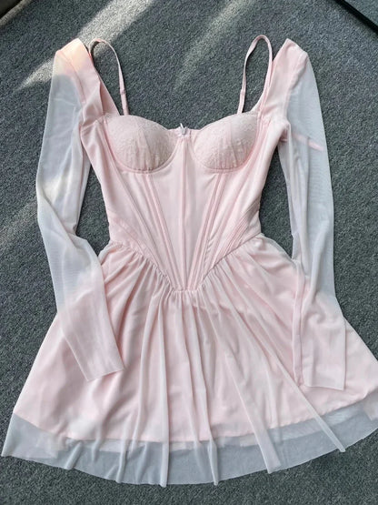 Pinky Uzun Kollu Korse Detay Elbise