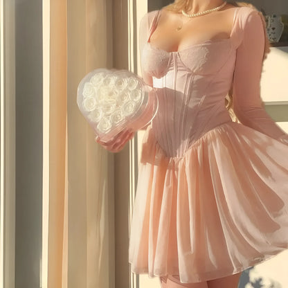 Pinky Uzun Kollu Korse Detay Elbise