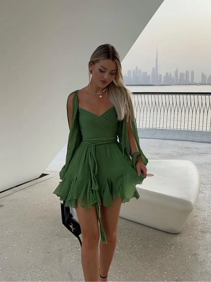 Uzun Kol Detaylı Volanlı Mini Elbise