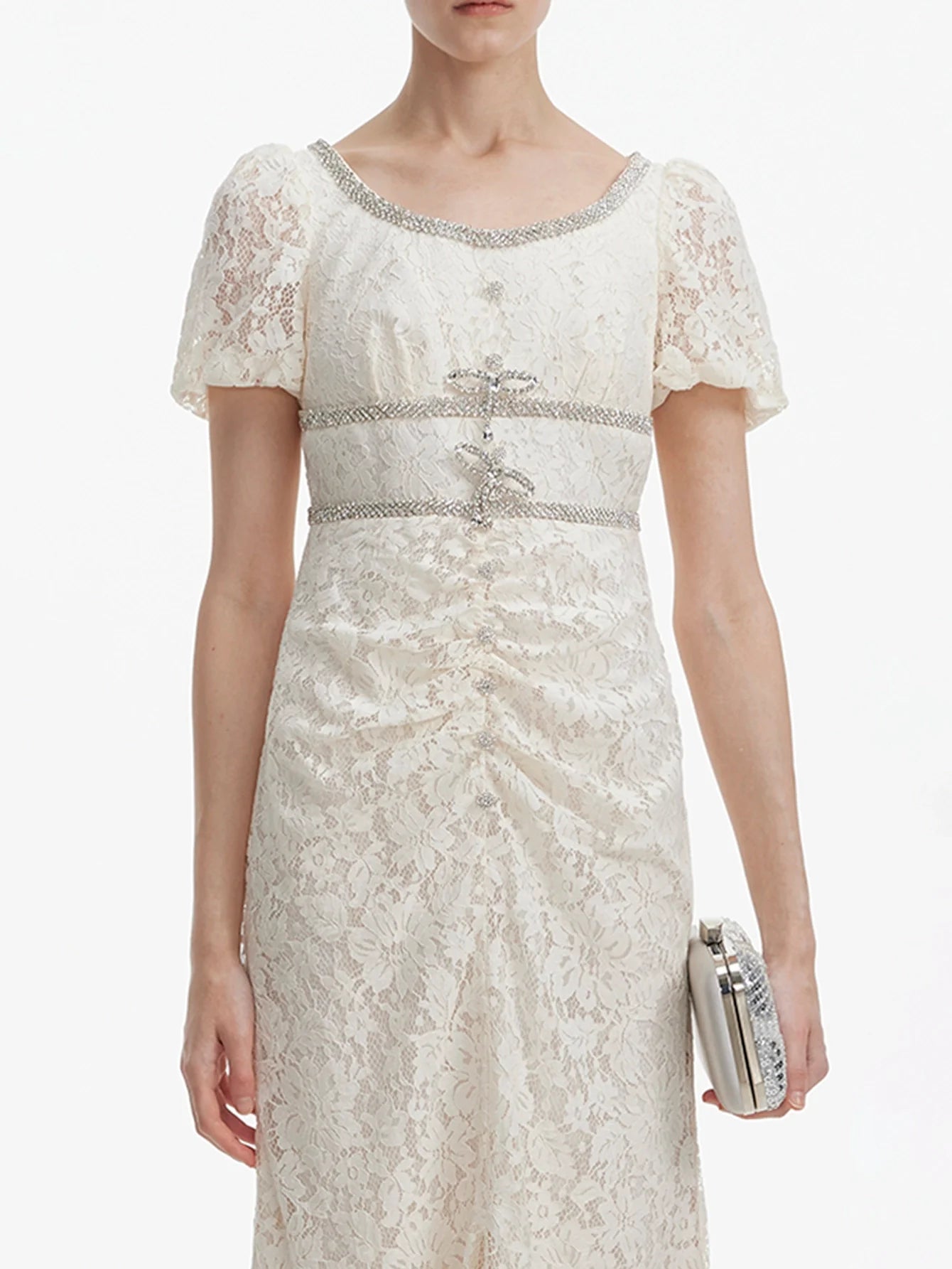 Kabarık Kollu İşlemeli Dantel Midi Elbise